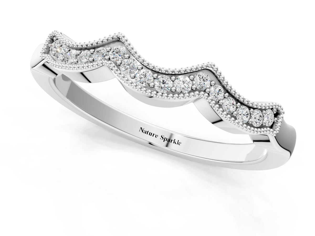 White gold Milgrain Pavé Round Diamond Curved Band_1