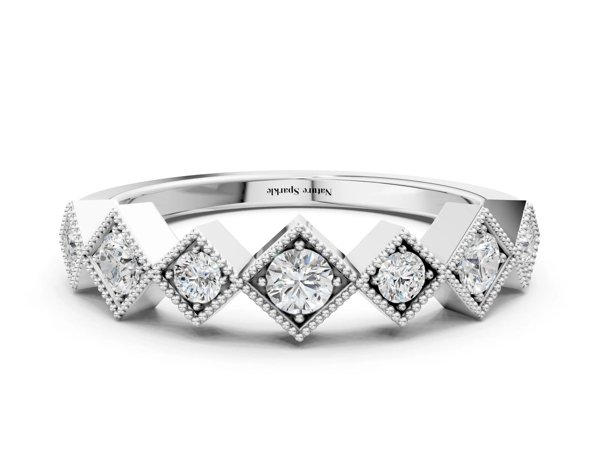 White gold Milgrain Square Bezel Round Diamond Chevron Band