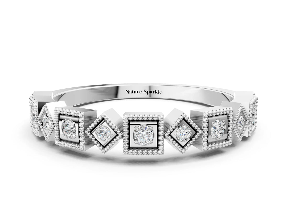 White gold Milgrain Square Diamond Eternity Band with Bezel Setting