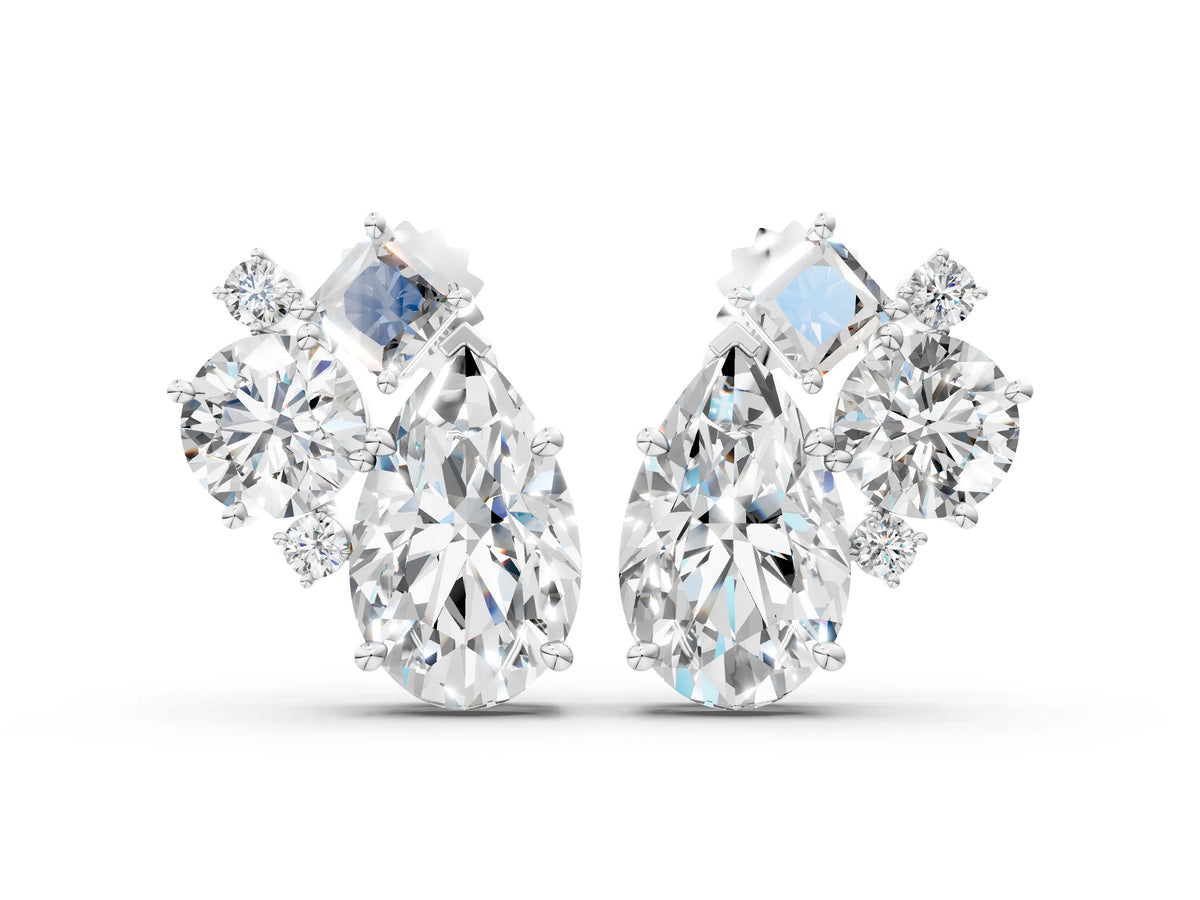White gold Multi-Shape Diamond Mosaic Five Stone Stud Earrings