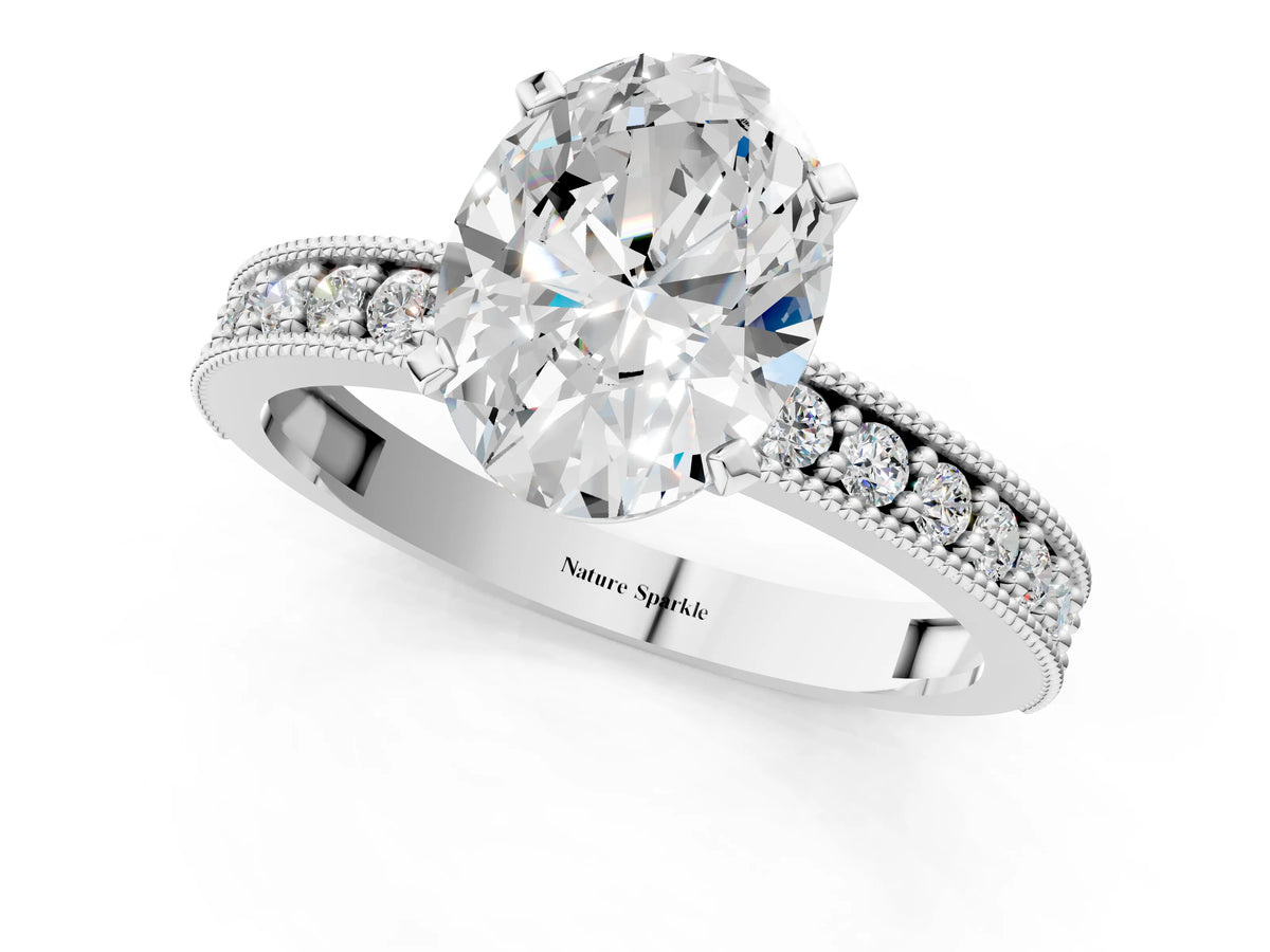 White gold Oval Cut Diamond Milgrain Pavé Engagement Ring with Four-Prong Setting_1