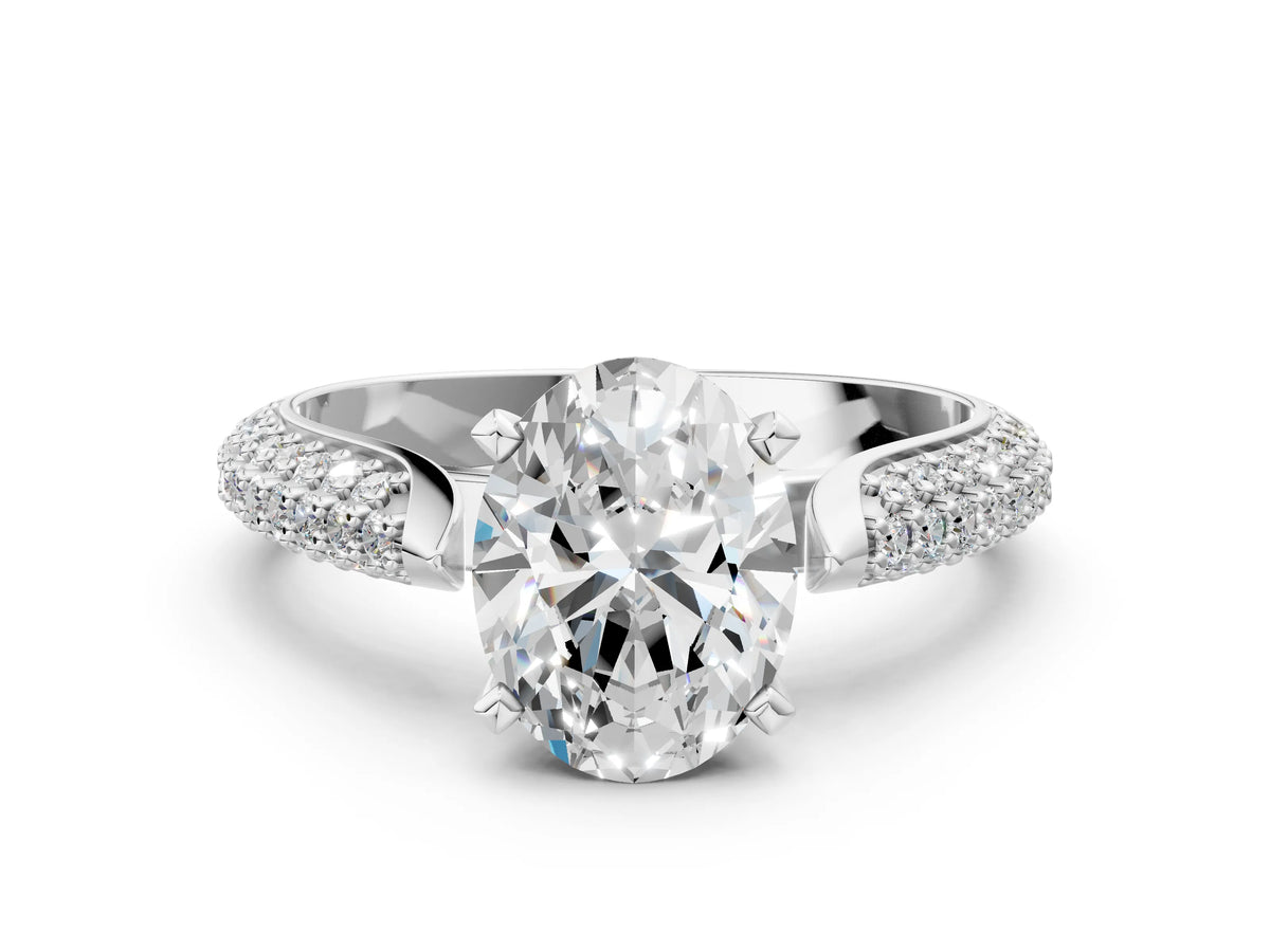 White gold Oval Cut Diamond Solitaire Engagement Ring with Multi-Row Round Pavé Band and Prong Setting
