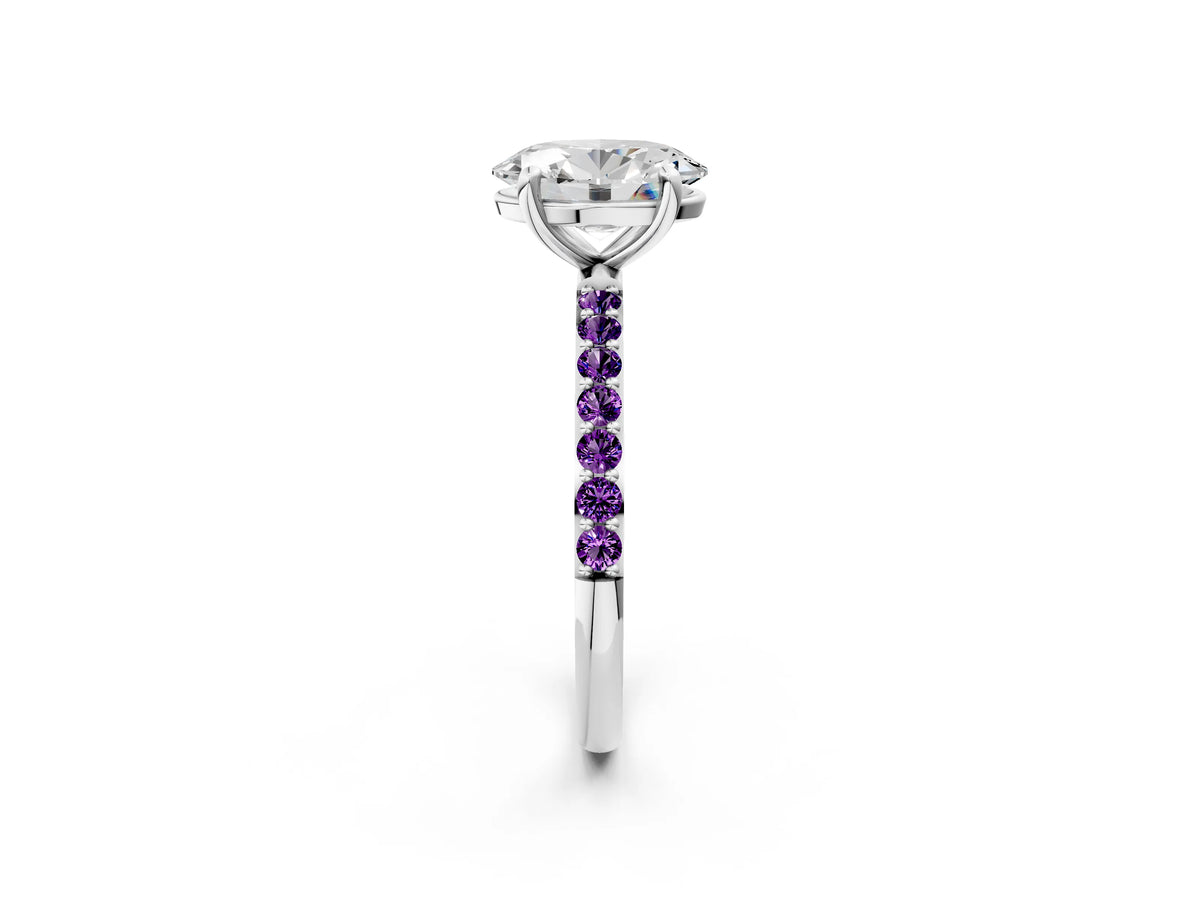 White gold Oval Cut Diamond Solitaire Ring with Round Amethyst Pavé Band and Prong Setting_2