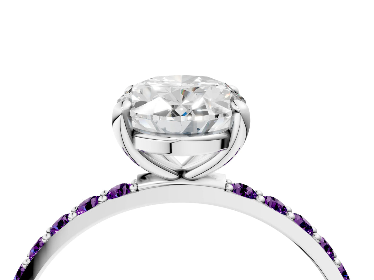 White gold Oval Cut Diamond Solitaire Ring with Round Amethyst Pavé Band and Prong Setting_4