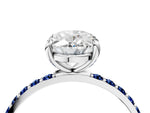 White gold Oval Cut Diamond Solitaire Ring with Round Blue Sapphire Pavé Band and Prong Setting_4