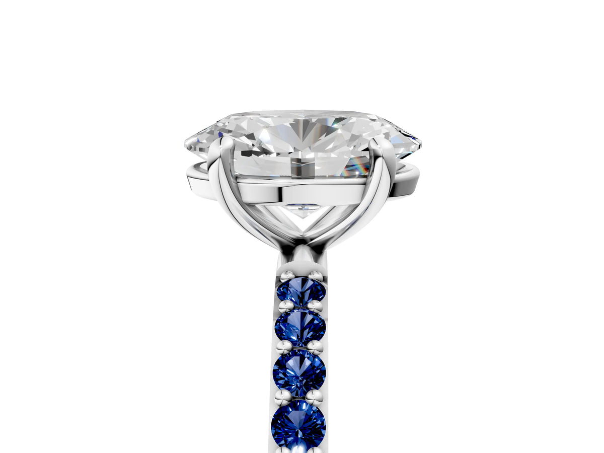 White gold Oval Cut Diamond Solitaire Ring with Round Blue Sapphire Pavé Band and Prong Setting_5