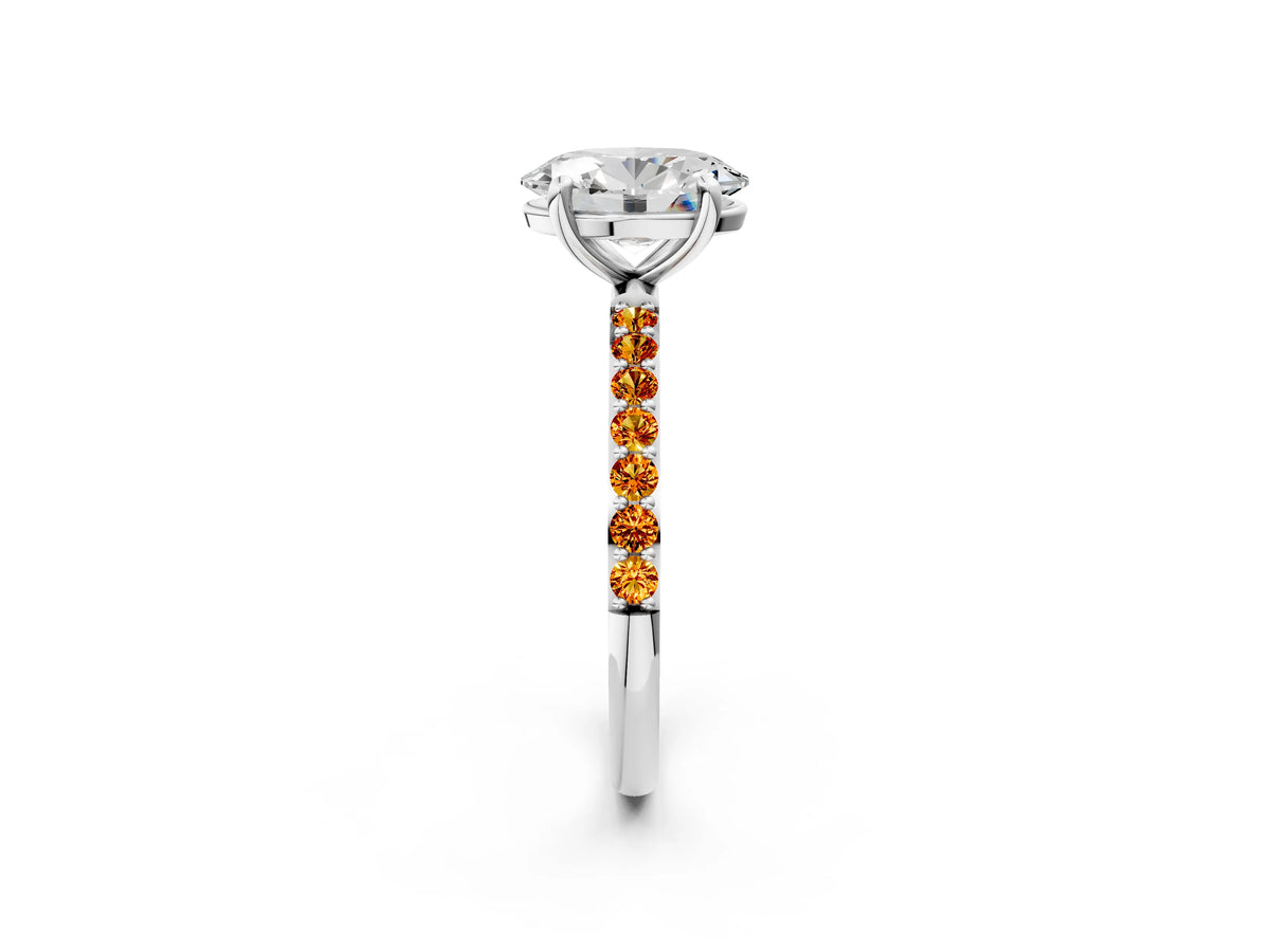 White gold Oval Cut Diamond Solitaire Ring with Round Citrine Pavé Band and Prong Setting_2