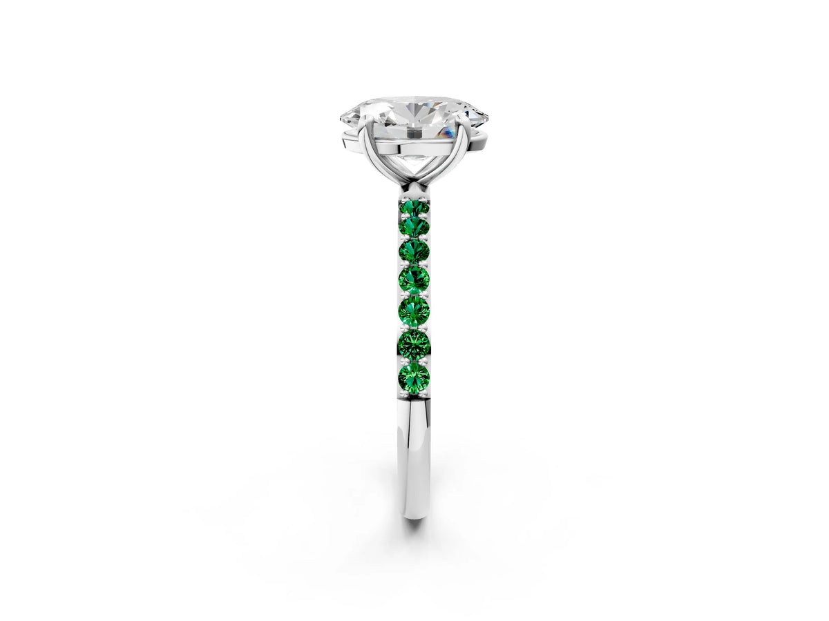 White gold Oval Cut Diamond Solitaire Ring with Round Emerald Pavé Band and Prong Setting_2
