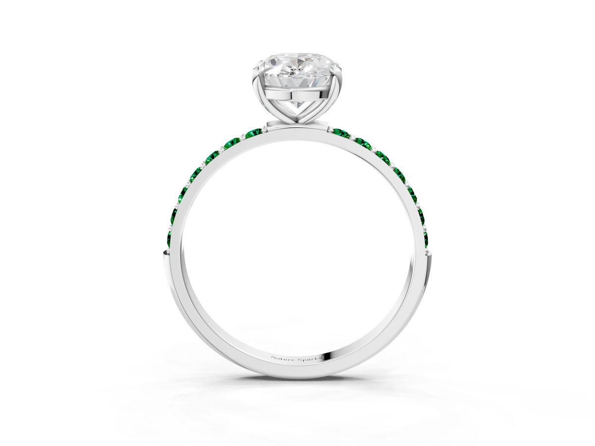 White gold Oval Cut Diamond Solitaire Ring with Round Emerald Pavé Band and Prong Setting_3