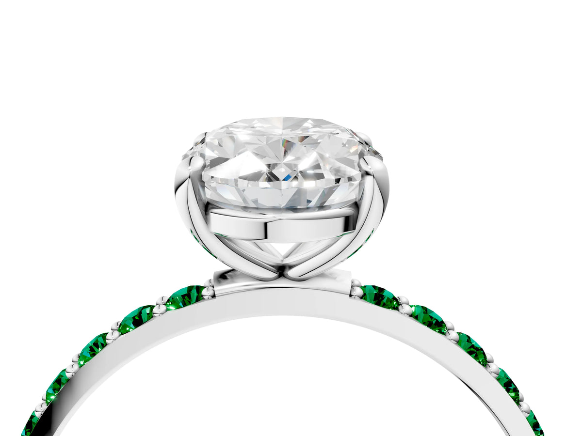 White gold Oval Cut Diamond Solitaire Ring with Round Emerald Pavé Band and Prong Setting_4