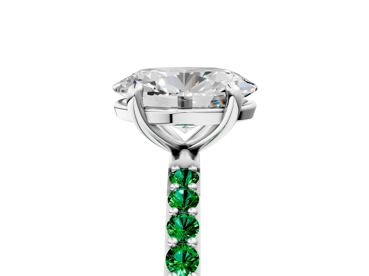 White gold Oval Cut Diamond Solitaire Ring with Round Emerald Pavé Band and Prong Setting_5