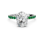 White gold Oval Cut Diamond Solitaire Ring with Round Emerald Pavé Band and Prong Setting