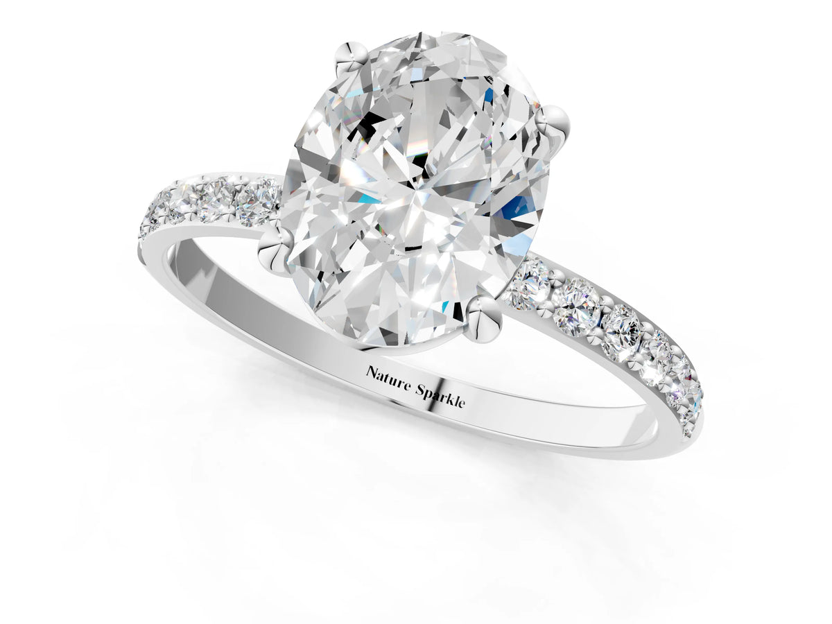 White gold Oval Cut Diamond Solitaire Ring with Round Moissanite Pavé Band and Prong Setting_1