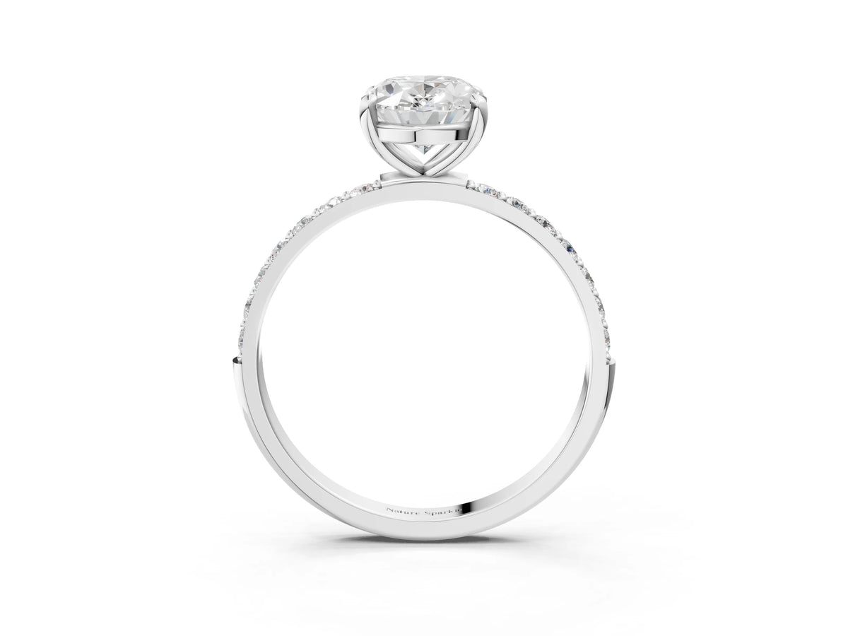 White gold Oval Cut Diamond Solitaire Ring with Round Moissanite Pavé Band and Prong Setting_3