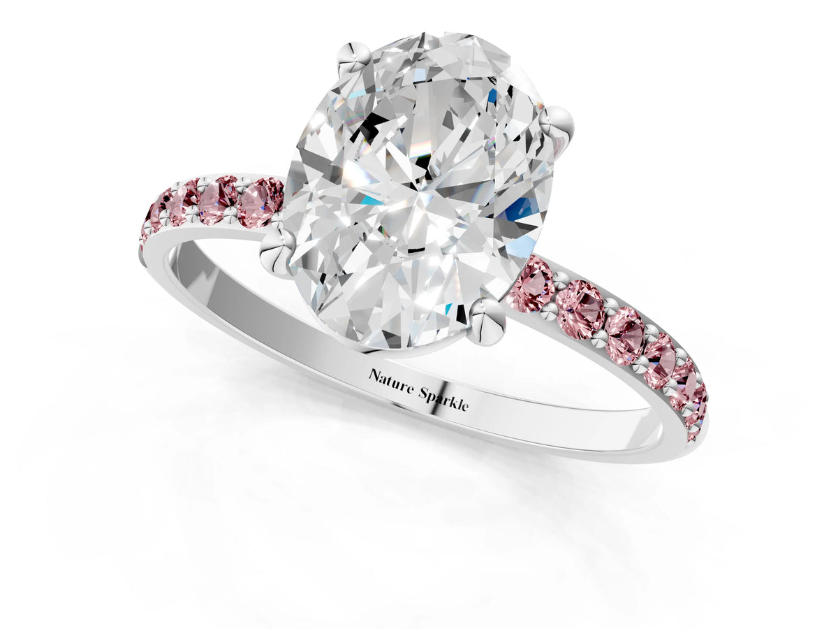 White gold Oval Cut Diamond Solitaire Ring with Round Morganite Pavé Band and Prong Setting_1