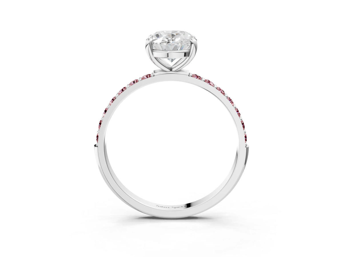 White gold Oval Cut Diamond Solitaire Ring with Round Morganite Pavé Band and Prong Setting_3