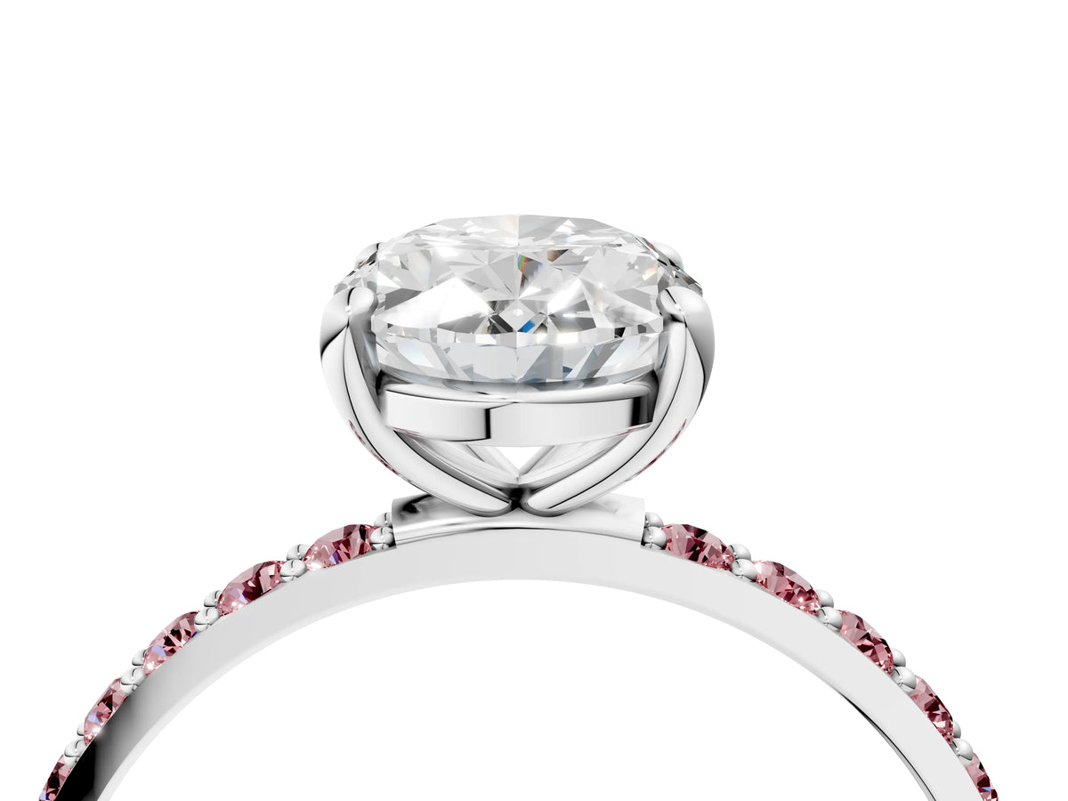 White gold Oval Cut Diamond Solitaire Ring with Round Morganite Pavé Band and Prong Setting_4