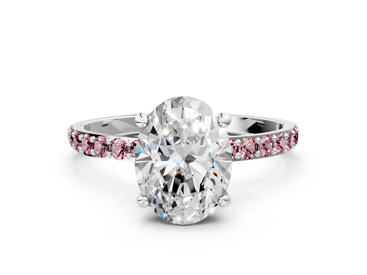 White gold Oval Cut Diamond Solitaire Ring with Round Morganite Pavé Band and Prong Setting