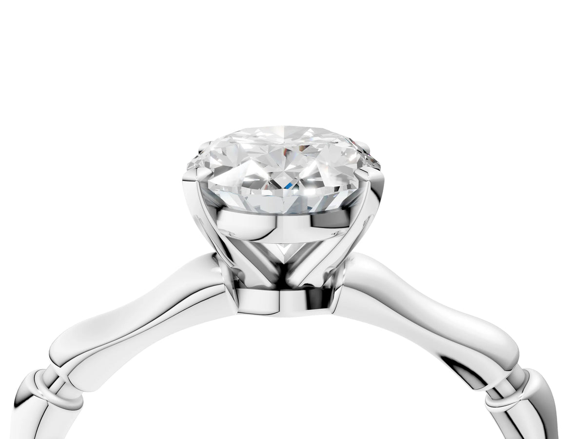 White gold Oval Cut Solitaire Diamond Ring with Bamboo Band and Four-Prong Setting_4