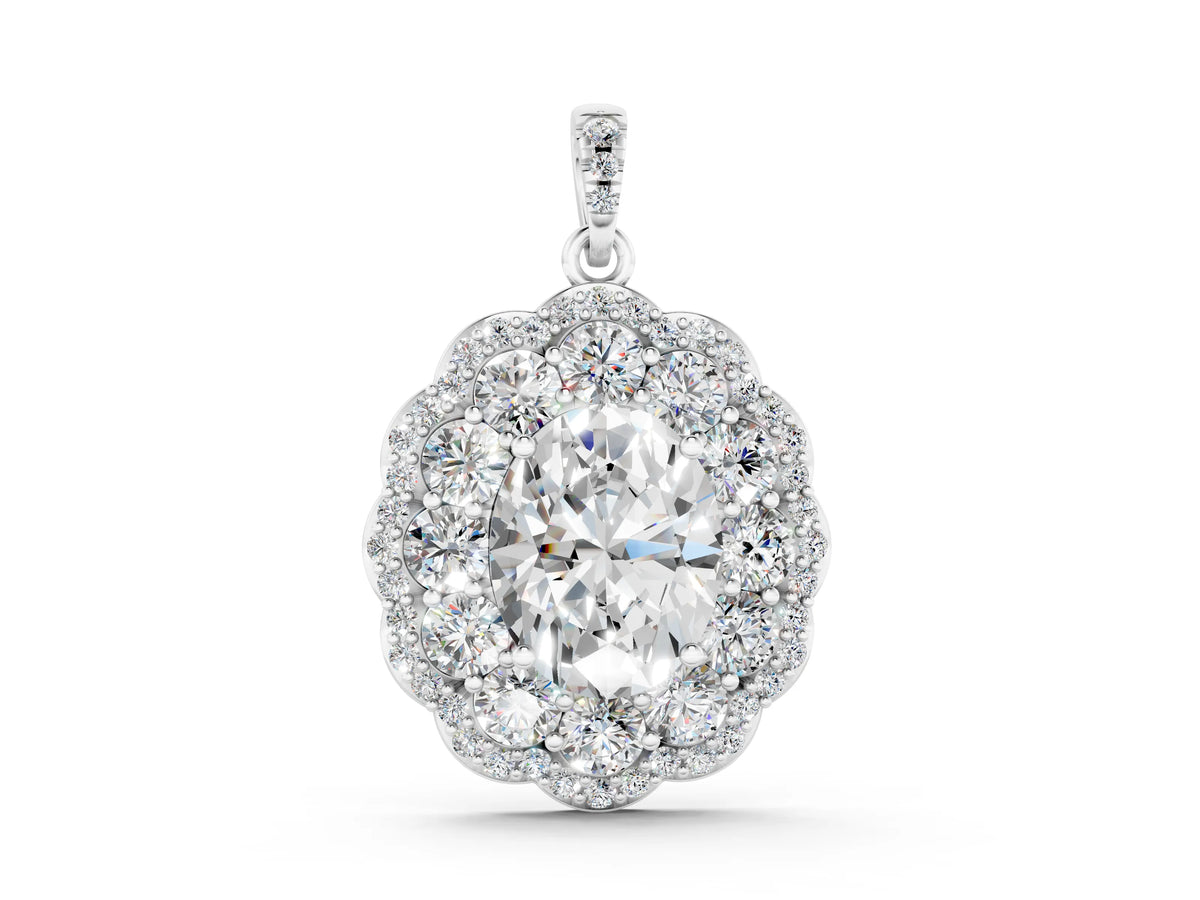 White gold Oval Diamond Floral Halo Pendant with Diamond Accents