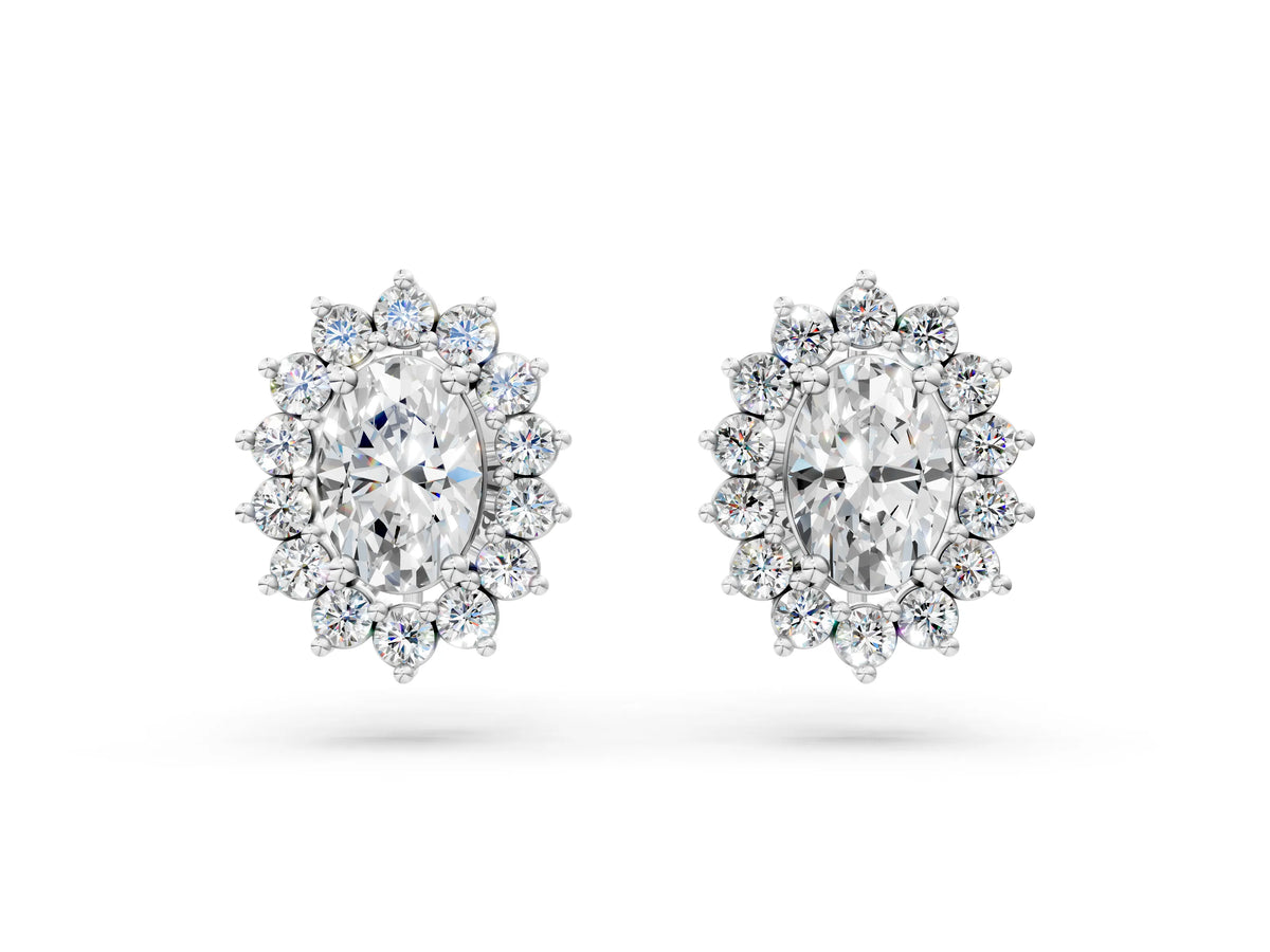 White gold Oval Diamond Floral Halo Stud Earrings