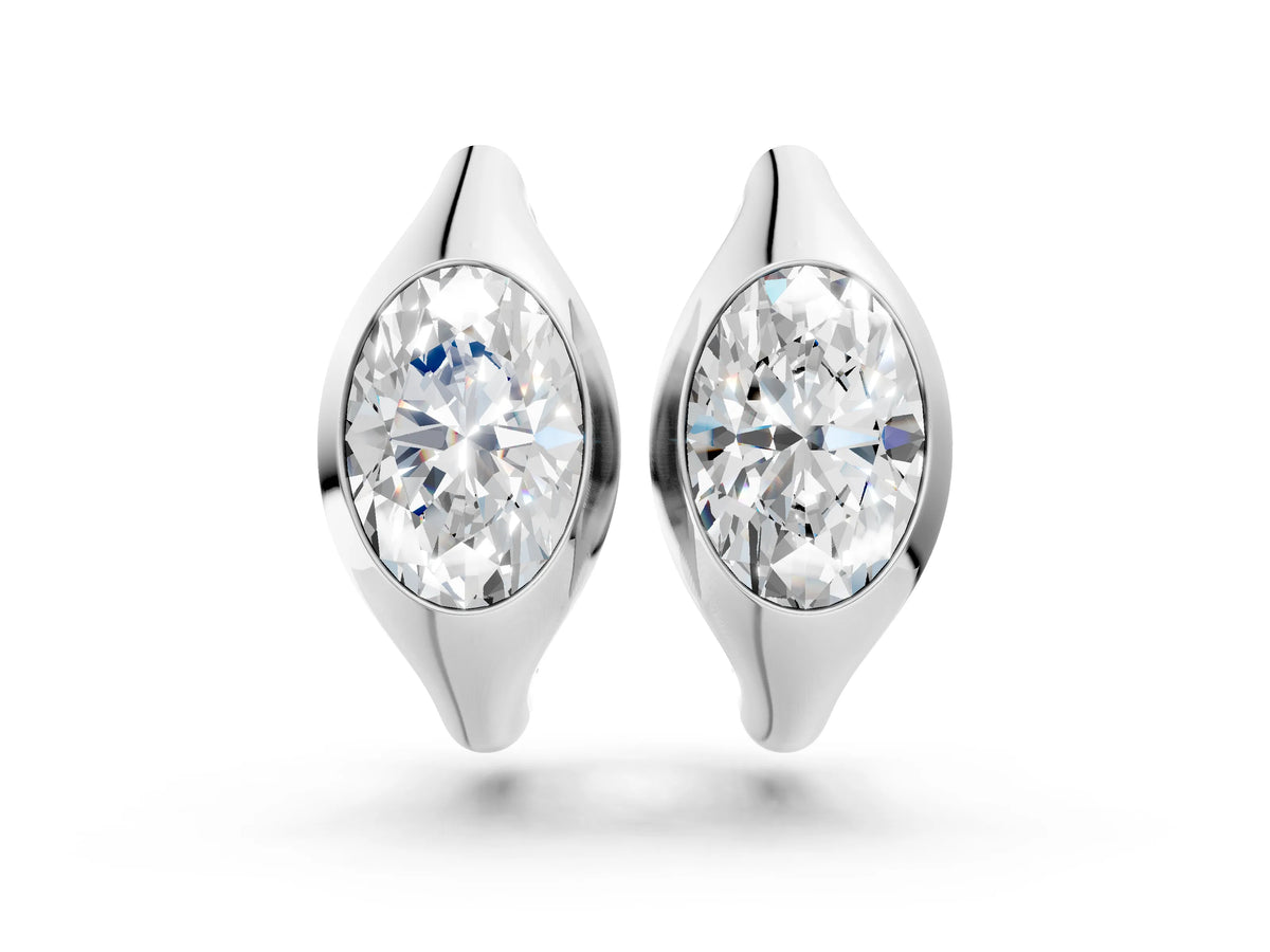 White gold Oval Diamond Framed Huggie Hoop Earrings
