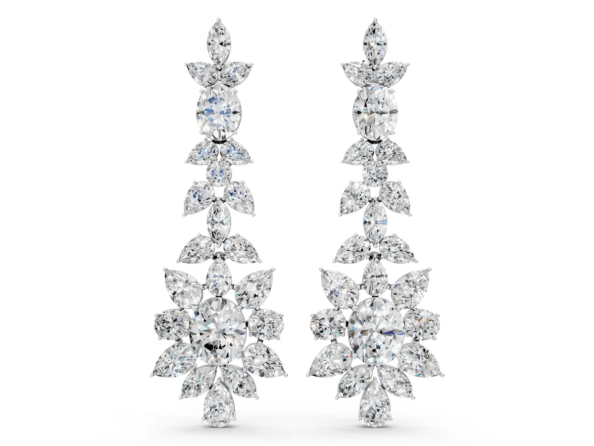 White gold Oval, Pear, Marquise and Round Diamond Floral Cascade Drop Earrings