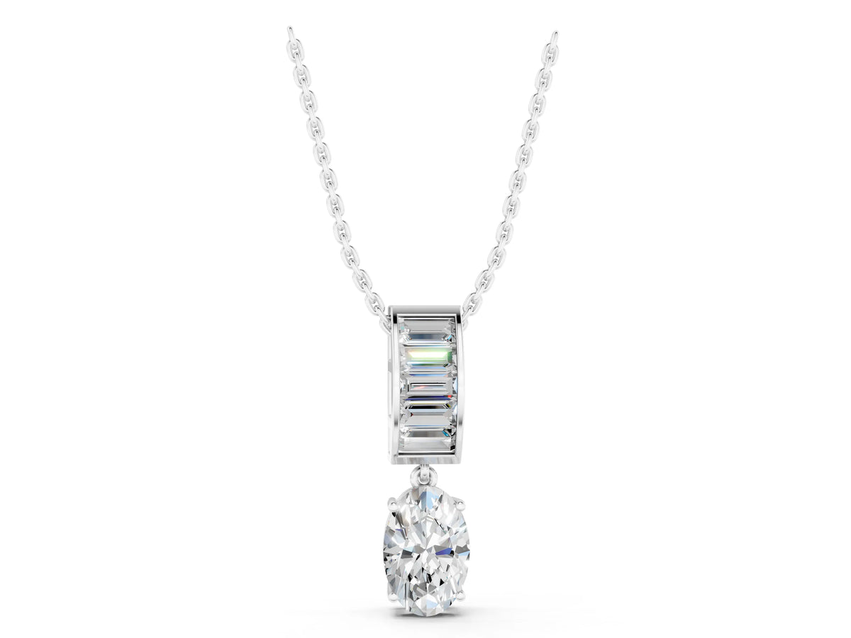 White gold Oval and Baguette Diamond Drop Pendant_1