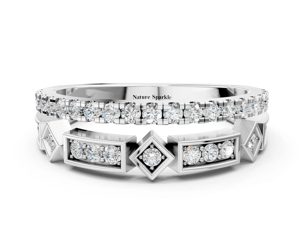 White gold Pavé Round Diamond Channel Set Dual Band with Prong Setting
