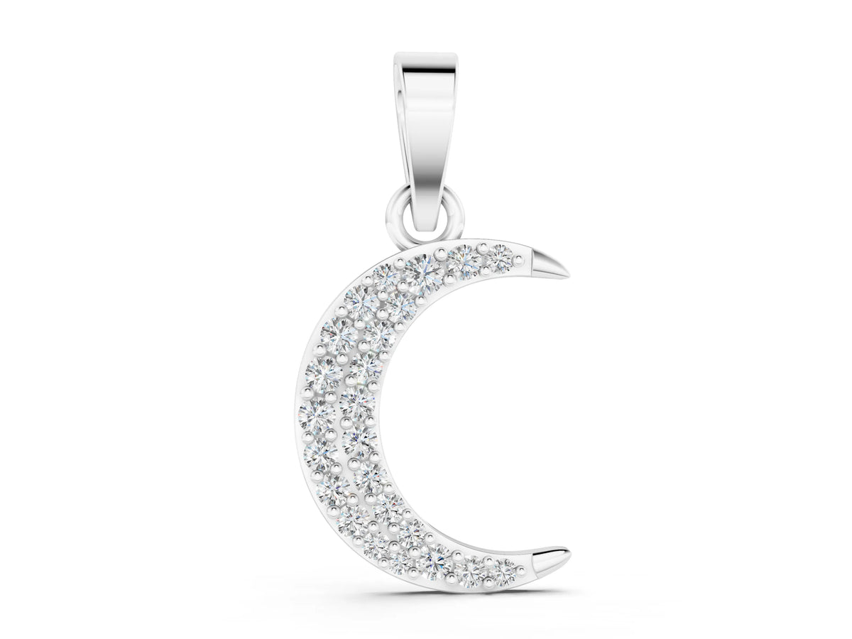 White gold Pavé Round Diamond Crescent Pendant with Four-Prong Setting
