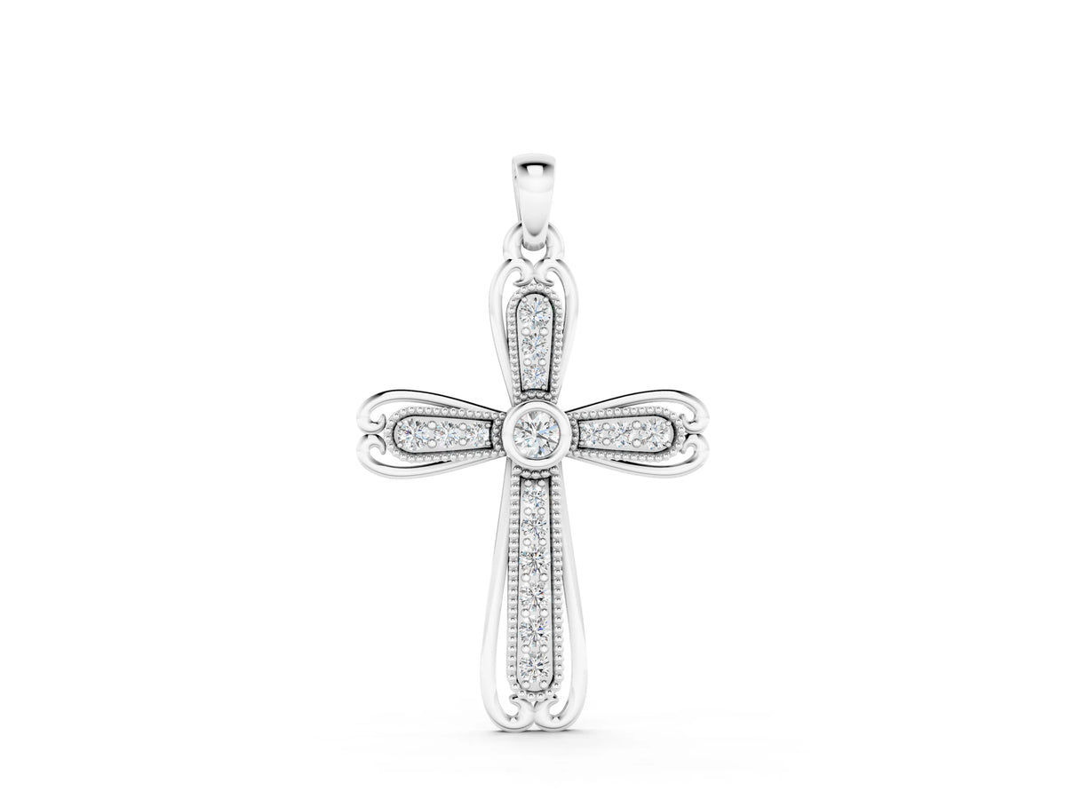 White gold Pavé Round Diamond Cross Pendant with Bezel Setting
