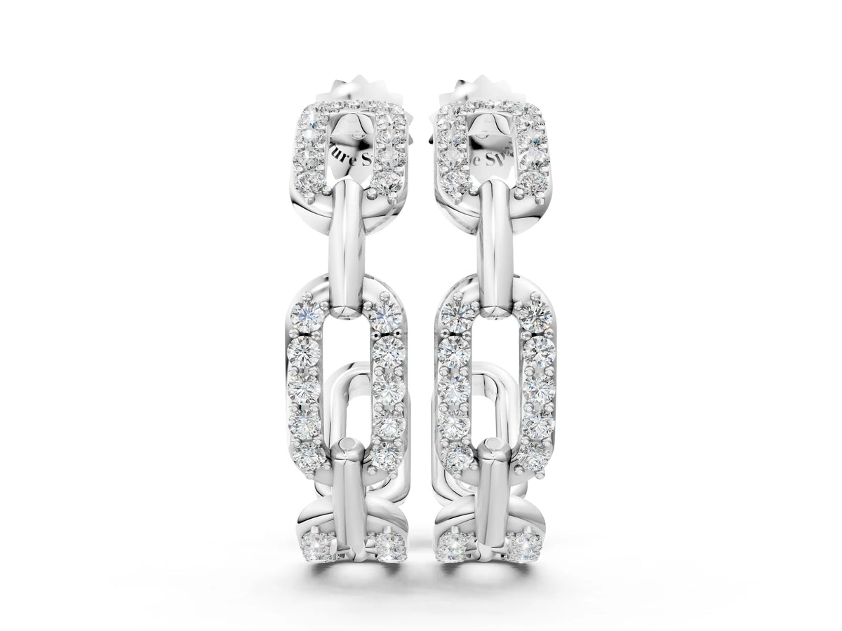 White gold Pavé Round Diamond Link Hoop Earrings with Prong Setting