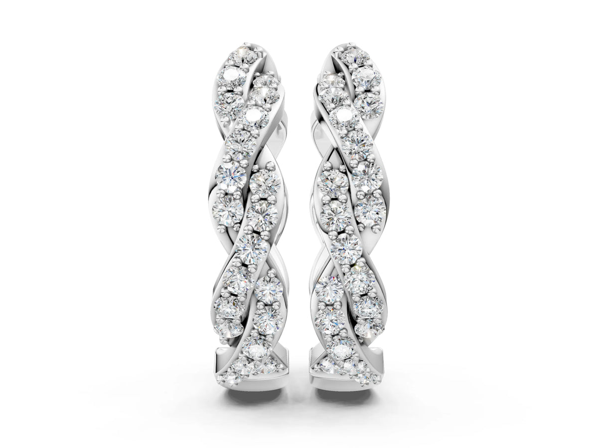 White gold Pave Round Diamond Twisted Hoop Earrings with Shared Prong Setting
