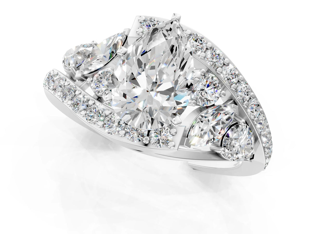White gold Pear Cut Diamond Halo Ring with Marquise and Pavé Band in Prong Setting_1