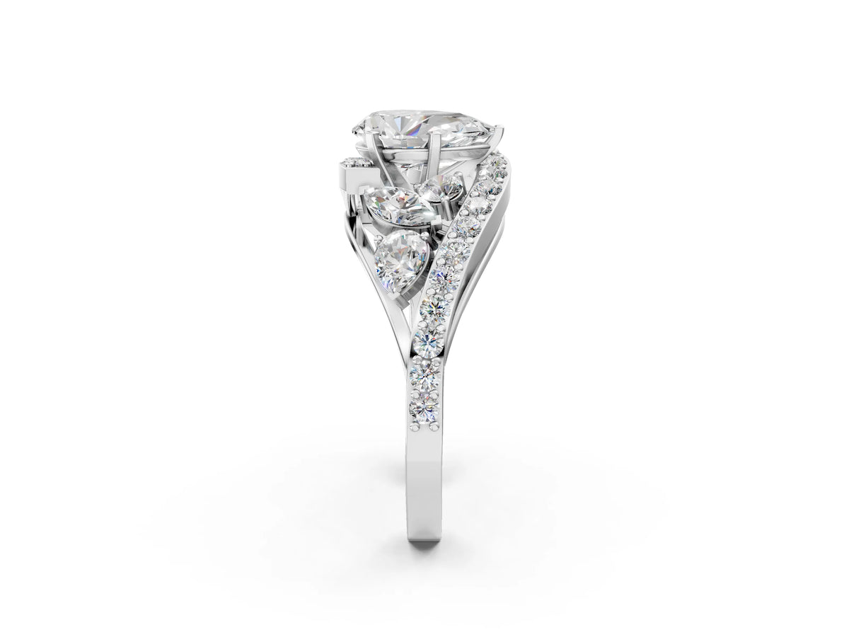 White gold Pear Cut Diamond Halo Ring with Marquise and Pavé Band in Prong Setting_2