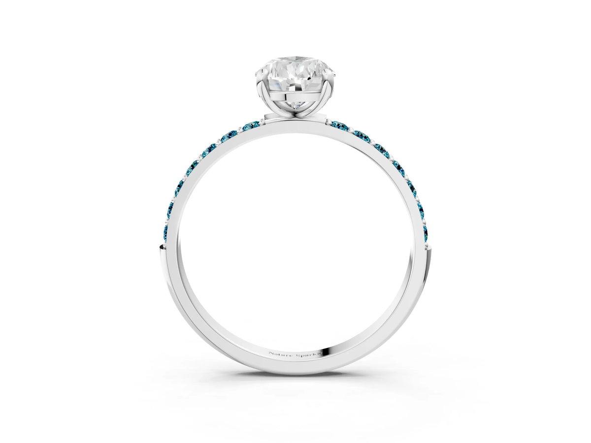 White gold Pear Cut Diamond Solitaire Ring with Round Blue Topaz Pavé Band and Prong Setting_3
