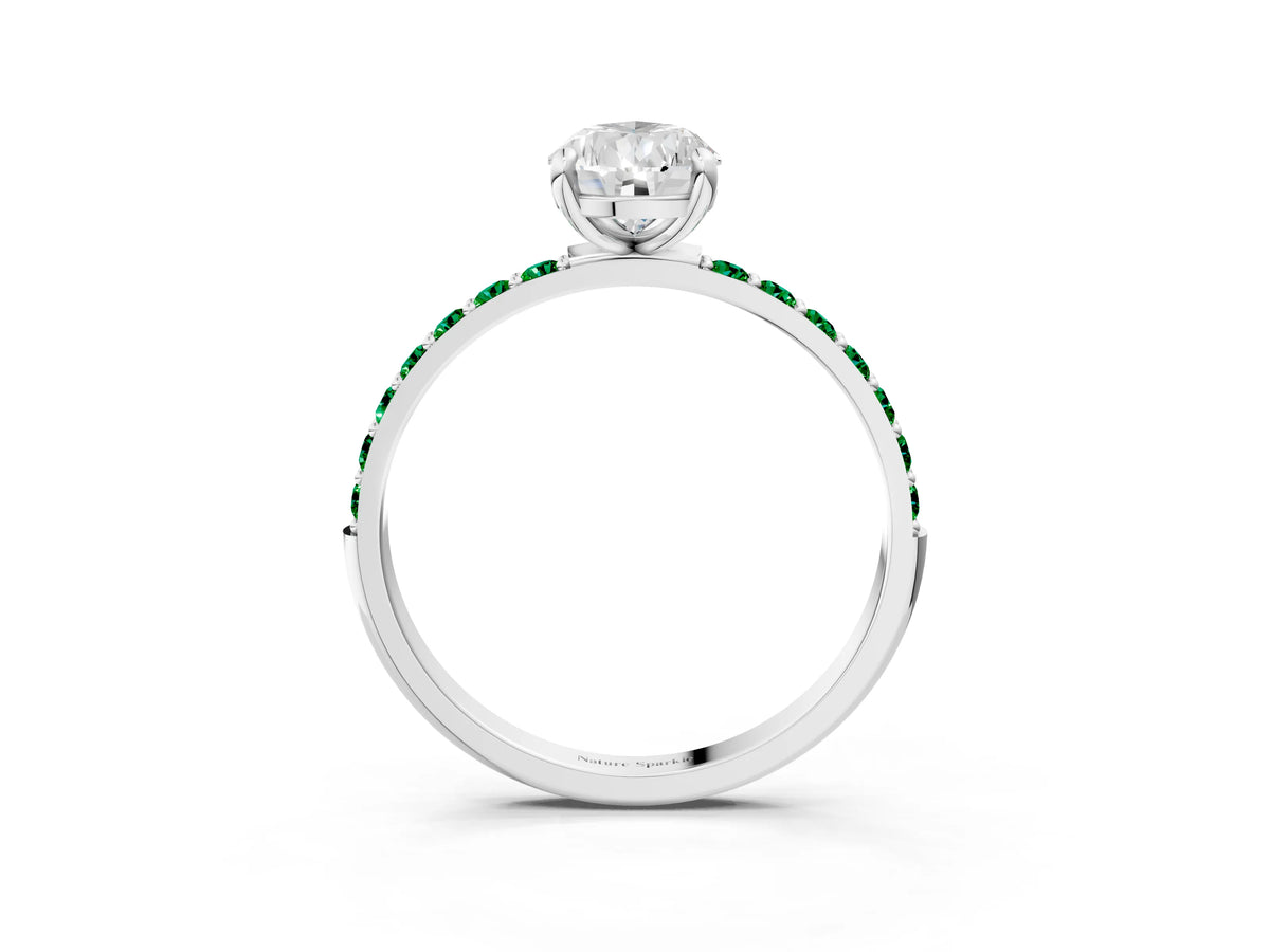 White gold Pear Cut Diamond Solitaire Ring with Round Emerald Pavé Band and Prong Setting_3