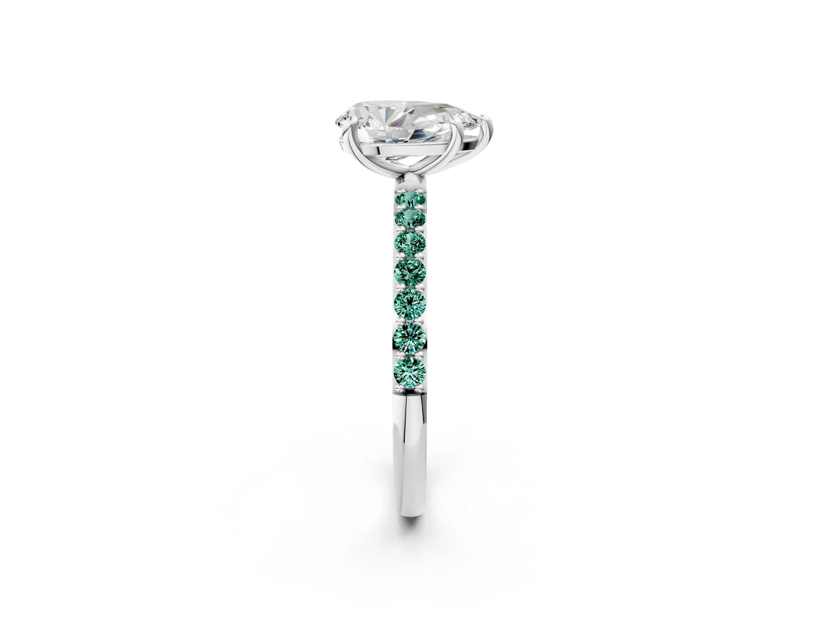 White gold Pear Cut Diamond Solitaire Ring with Round Green Sapphire Pavé Band and Prong Setting_2