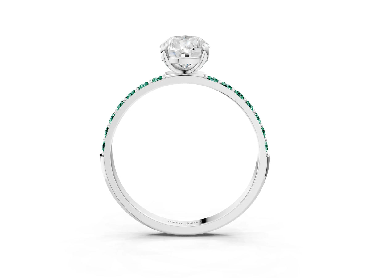 White gold Pear Cut Diamond Solitaire Ring with Round Green Sapphire Pavé Band and Prong Setting_3