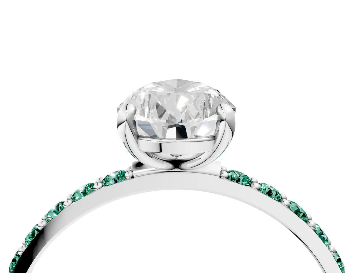 White gold Pear Cut Diamond Solitaire Ring with Round Green Sapphire Pavé Band and Prong Setting_4