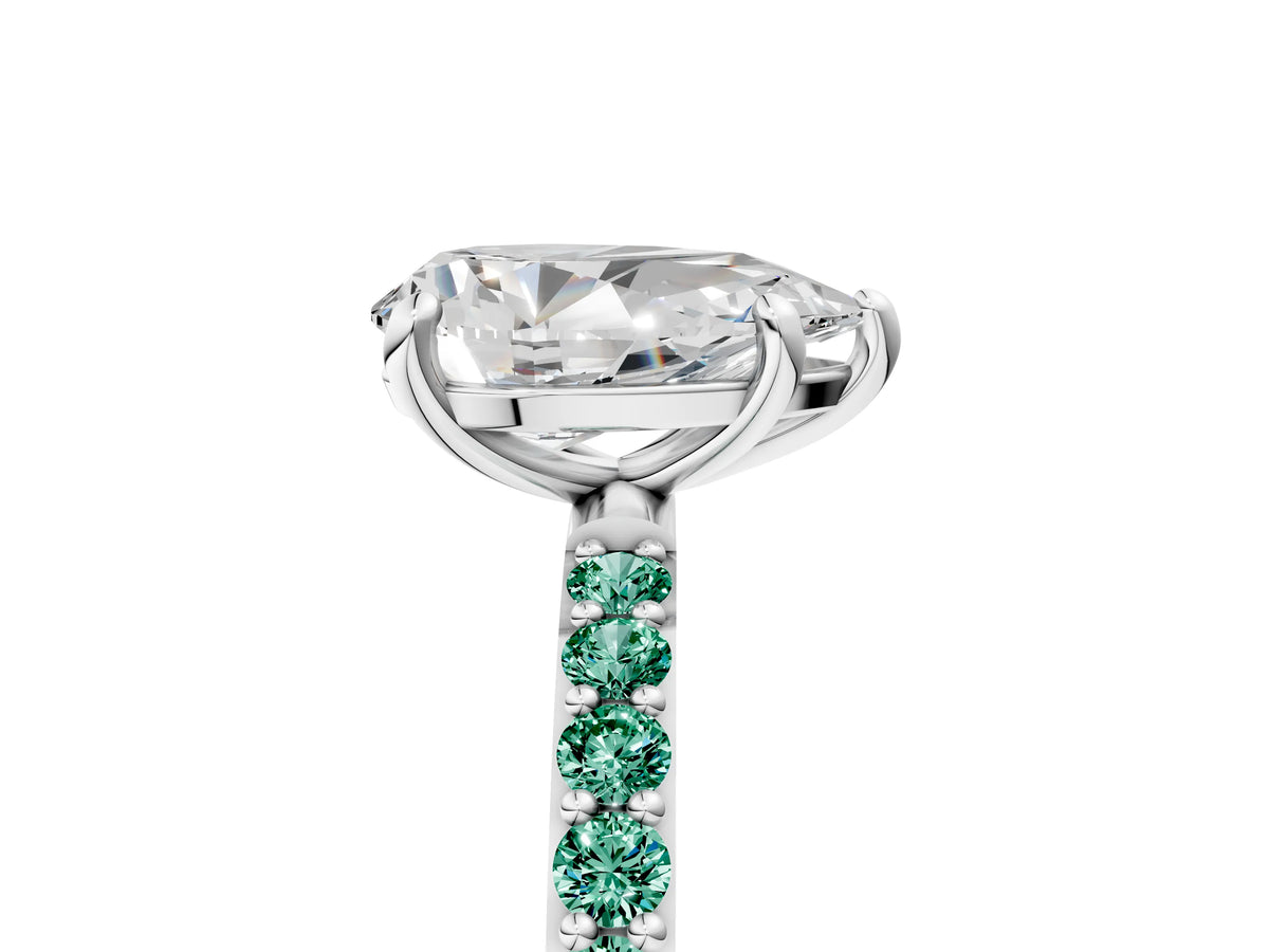 White gold Pear Cut Diamond Solitaire Ring with Round Green Sapphire Pavé Band and Prong Setting_5