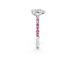 White gold Pear Cut Diamond Solitaire Ring with Round Pink Sapphire Pavé Band and Prong Setting_2