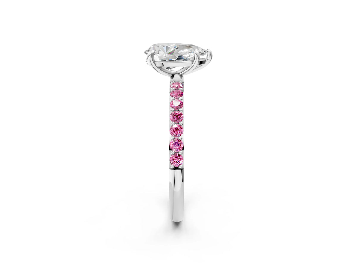 White gold Pear Cut Diamond Solitaire Ring with Round Pink Sapphire Pavé Band and Prong Setting_2