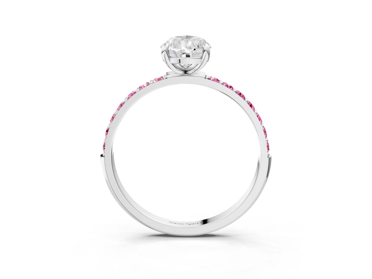 White gold Pear Cut Diamond Solitaire Ring with Round Pink Sapphire Pavé Band and Prong Setting_3