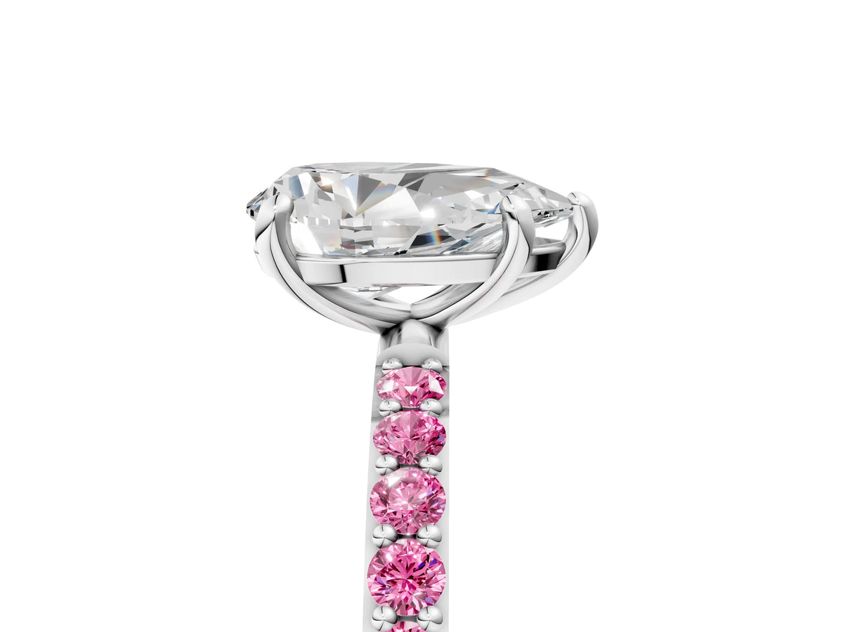 White gold Pear Cut Diamond Solitaire Ring with Round Pink Sapphire Pavé Band and Prong Setting_5
