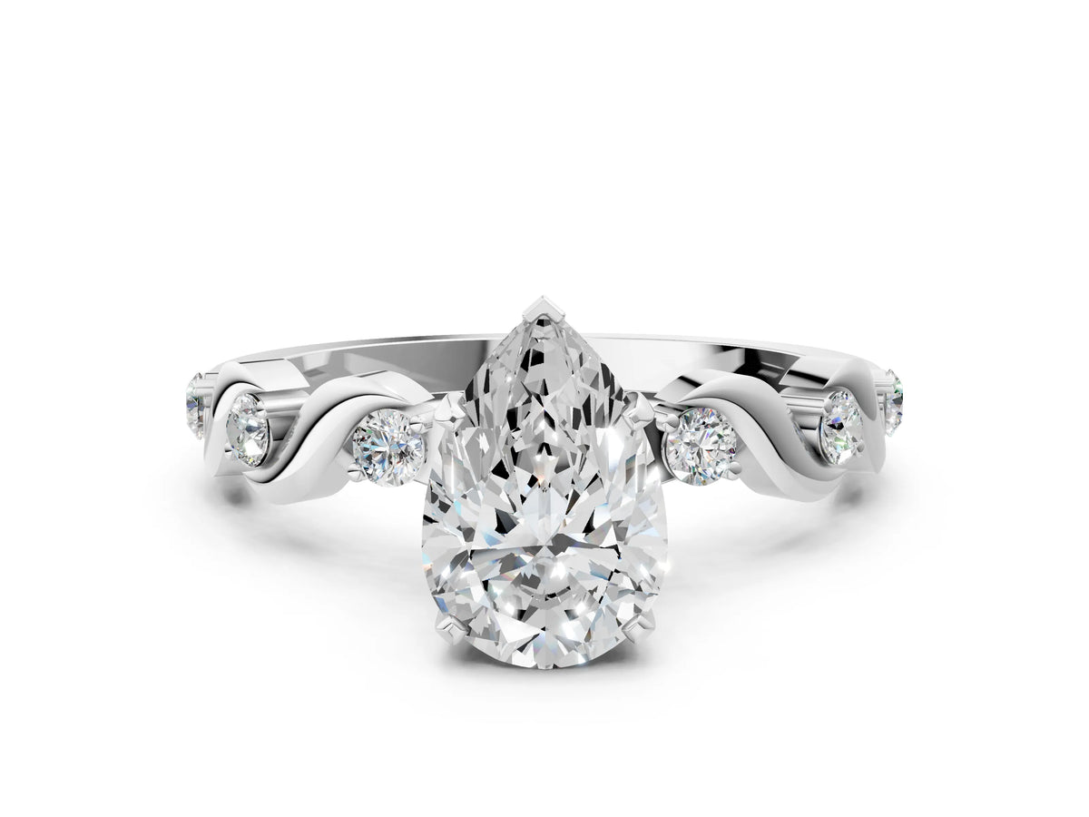 White gold Pear Cut Diamond Solitaire Twisted Band with Round Accents and Prong Setting