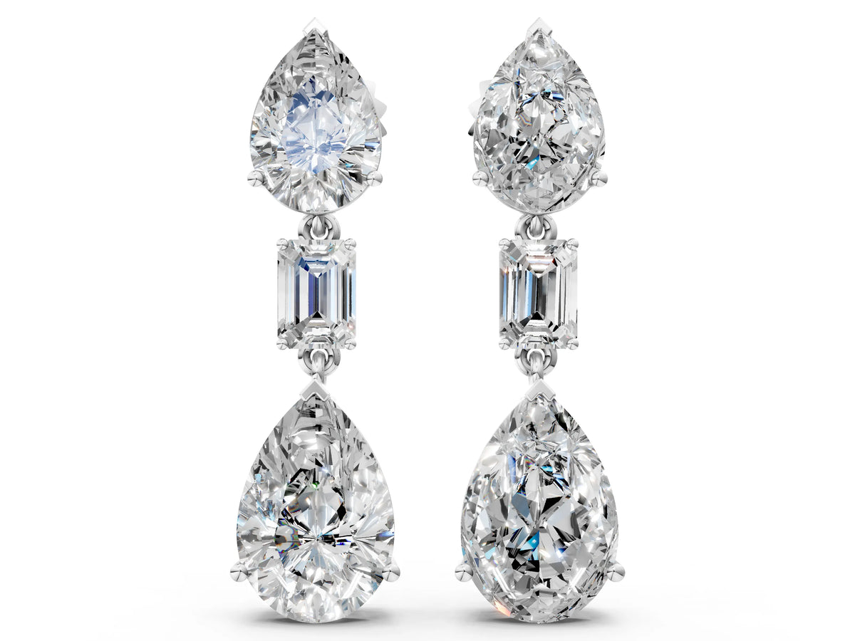 White gold Pear Diamond Drop Earrings with Emerald and Pear Lab Grown Diamond Accents