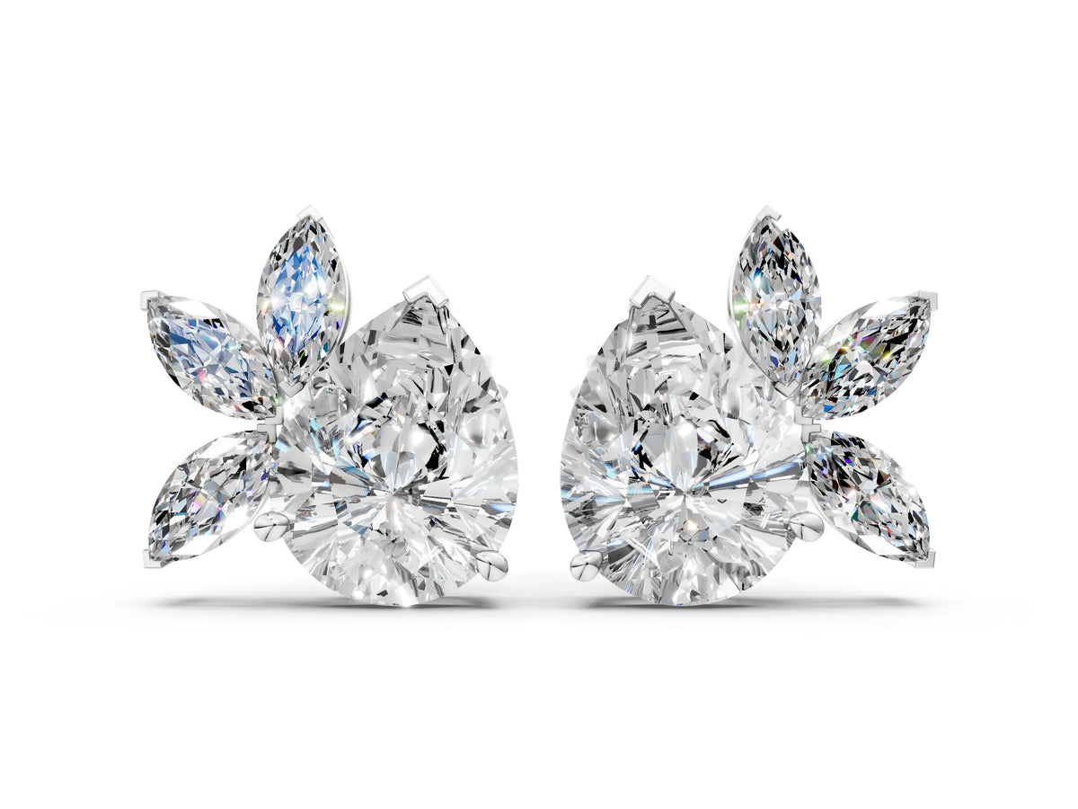 White gold Pear Diamond Fan Stud Earrings with Marquise Lab Grown Diamond Accents