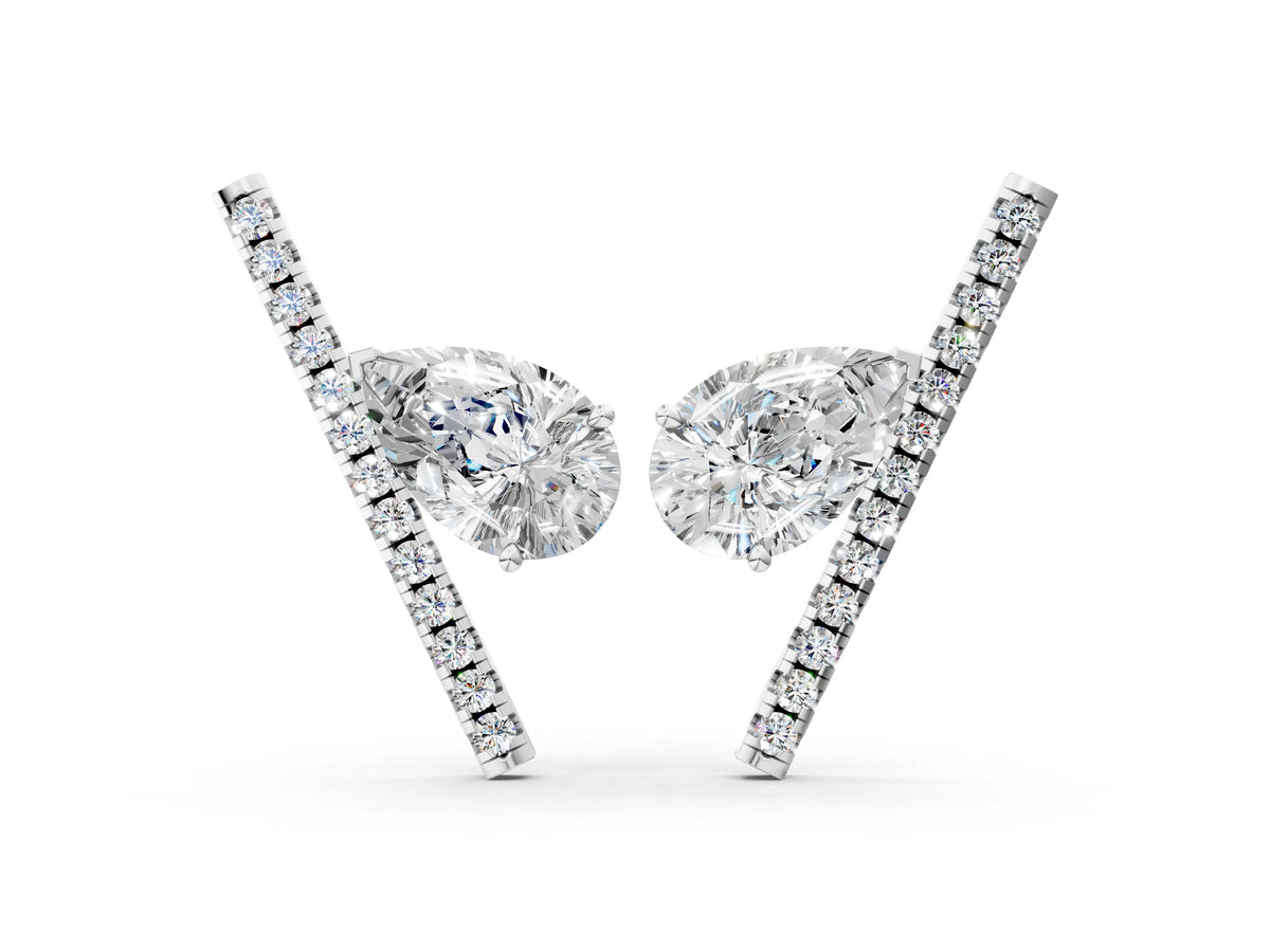 White gold Pear Diamond Stud Earrings with Round Micro Pavé Bar