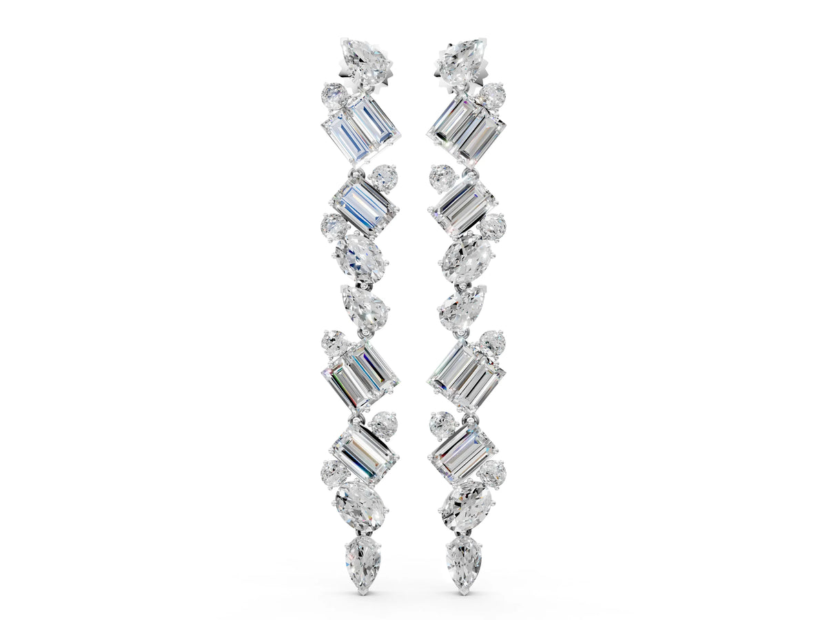 White gold Pear, Emerald, and Round Diamond Linear Drop Earrings